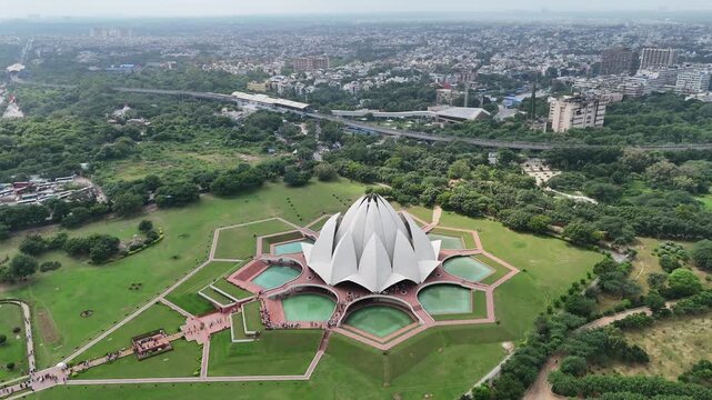 Aerial shot of Lotus Temple Bah&aacute;ʼ&iacute; House of Worship in New Delhi, India