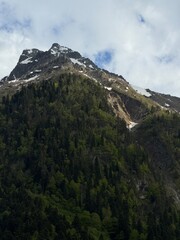Fototapeta premium Snow-covered mountain peak towers over dense green forest, with clouds partially obscuring the sky, highlighting the rugged landscape