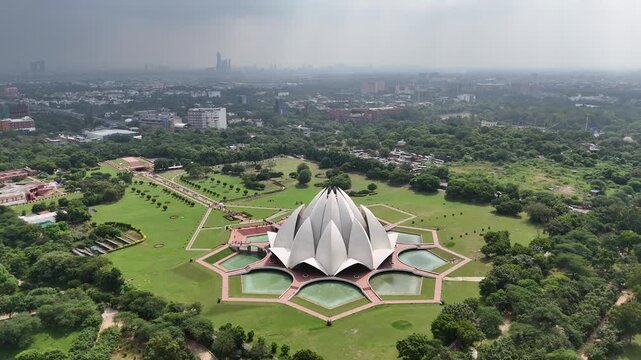 Aerial shot of Lotus Temple Bah&aacute;ʼ&iacute; House of Worship in New Delhi, India