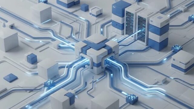 Isometric cloud computing and data center infrastructure 3D render illustration with glowing blue circuit paths and central processing node for technology website and presentation