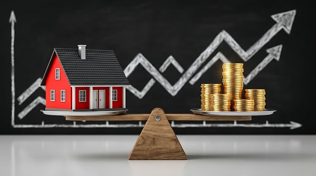 Wooden balance scale weighing a red house against gold coins with a rising line chart on a chalkboard background depicting real estate investment and property market inflation.