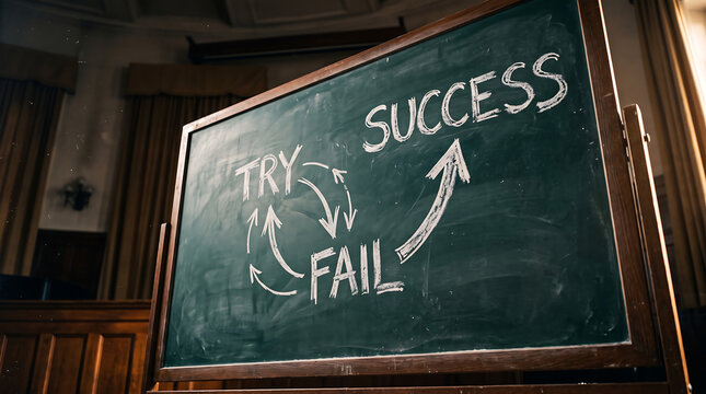Chalkboard diagram illustrating the journey to achievement through a cycle of trying, failing, and persevering towards ultimate success