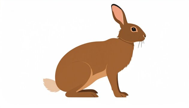 Side view of a brown hare with long ears and small white tail, on a white background