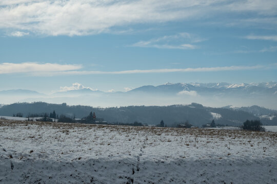 The Piedmontese Langhe and Monviso in winter with snow for a fairytale snowy landscape
