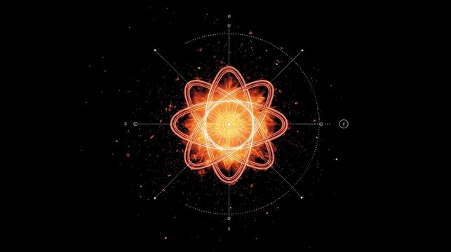 Vibrant Abstract Design of Energetic Atomic Structure on Black Background