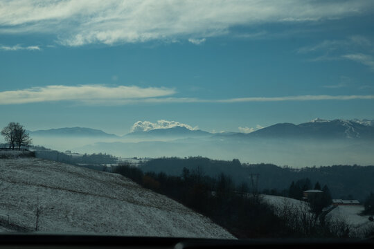 The Piedmontese Langhe and Monviso in winter with snow for a fairytale snowy landscape