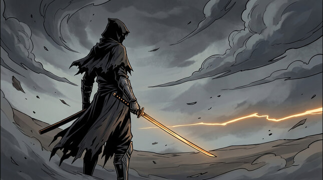 Back view of a hooded dark fantasy assassin drawing a glowing sword on a bleak hill against a stormy sky, comic book illustration style.