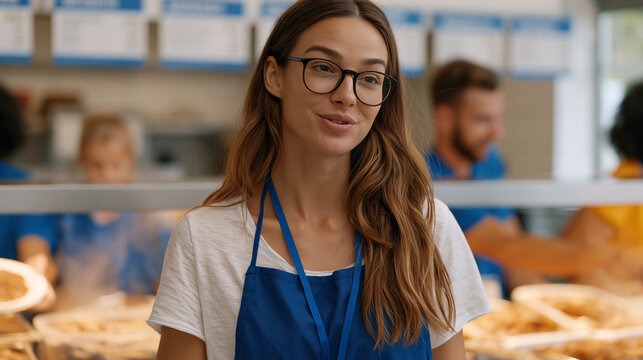 Free school lunch program coordinator in a cafeteria kitchen directing a volunteer team stacking trays of warm meals, steam rising from serving containers, nutritional information