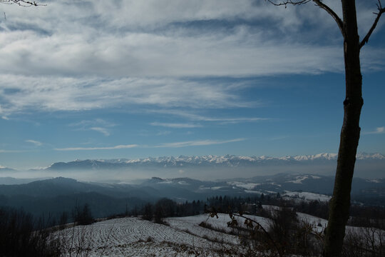 The Piedmontese Langhe and Monviso in winter with snow for a fairytale snowy landscape