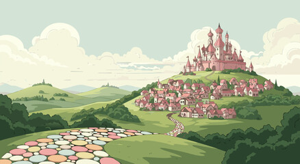 Fototapeta premium Whimsical fairytale kingdom vector illustration design featuring a pastel pink castle and a colorful cobblestone path for fantasy art projects