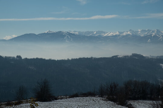 The Piedmontese Langhe and Monviso in winter with snow for a fairytale snowy landscape