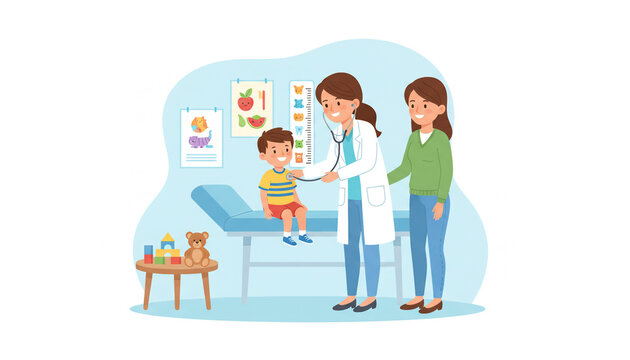 Doctor with stethoscope examining child, mother standing by in a doctor's office.