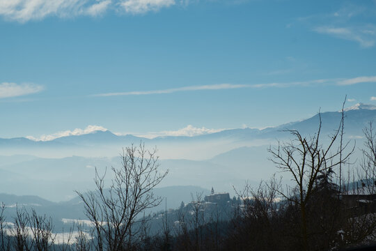 The Piedmontese Langhe and Monviso in winter with snow for a fairytale snowy landscape