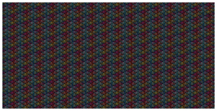 Colorful abstract seamless pattern of overlapping scallop scales on black background.