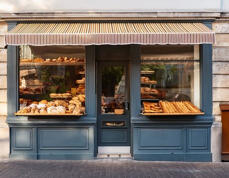 european style bakery exterior with striped awning full window display of delicious pastries