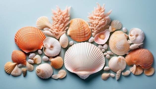 flat of a conch shell coral and seashells arranged aesthetically