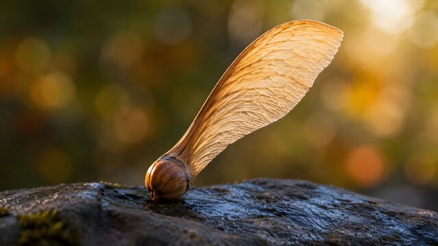 Botanical macro nature photograph of a delicate winged maple seed resting on a dark wet stone. This warm sunset image is suitable for autumn branding and environmental websites.