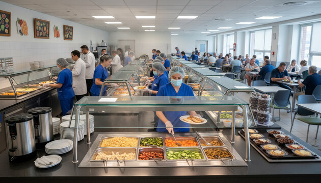 Hospital cafeteria serving food to staff and visitors with medical uniforms.