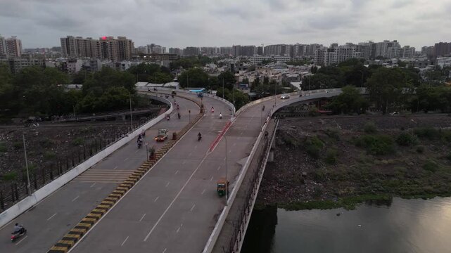 Aerial Drone View of Curved Flyover Interchange with Traffic in Surat Gujarat India
