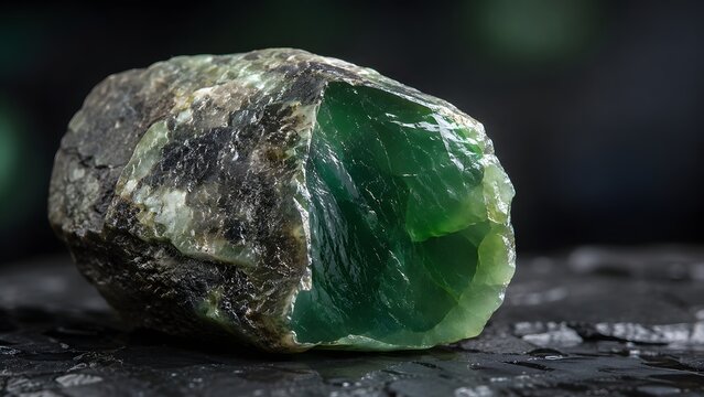 Close up shot of a raw green jade mineral stone with a rough outer crust. Suitable for geology education, gemstone business marketing, and natural science studies.