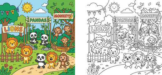 Naklejka premium Zoo animals coloring page and colorful vector illustration for kids with cute pandas, funny monkeys, and friendly lions at the safari park.