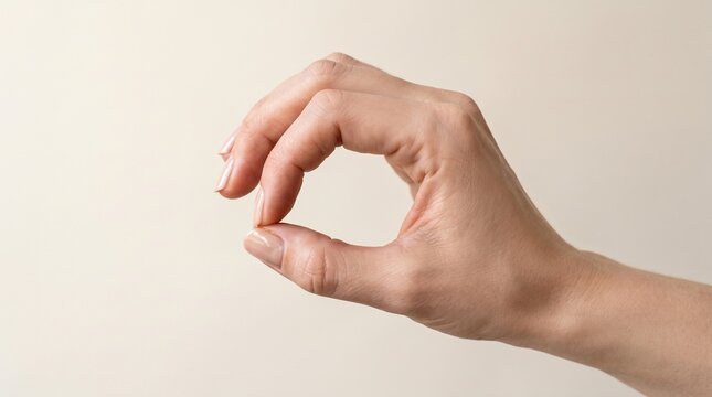 Close-up of a human hand demonstrating a precise 'pinch' gesture, perfectly conveying the concept of smallness, measurement, or a tiny detail with focused intention