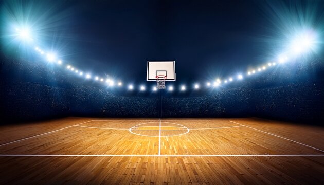 basketball court at night with lights in the background