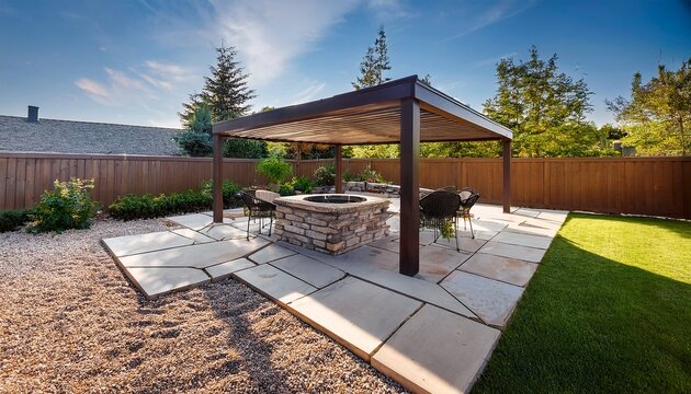 a beautifully designed backyard hardscape featuring stone patio fire pit and pergola backyard hardscape stone