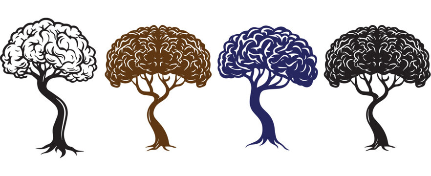 Human brain tree vector illustrations set representing mental growth and psychology concept