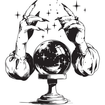 Fortune teller witch hands casting spell over magic crystal ball with sparkling stars fantasy vector illustration