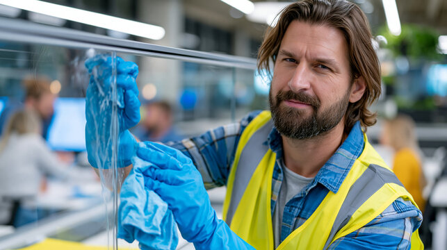 Janitor cleaning a transparent office divider with blue nitrile gloves, streak free glass maintenance, contemporary corporate interior, employees discussing projects in defocused background, ultra p