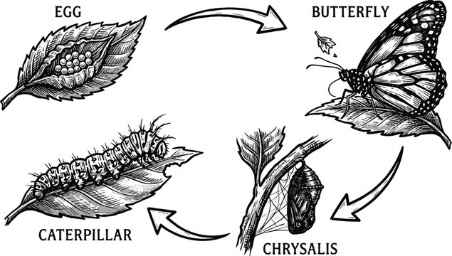 Butterfly life cycle vector illustration showing hand drawn sketch stages from egg caterpillar and chrysalis to monarch butterfly
