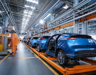 Fototapeta premium car production line with blue cars on the frame and orange parts in an industrial factory