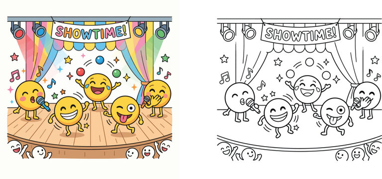 Cute emoji characters performing on stage with coloring book page version, showtime vector illustration for kids activity, singing dancing juggling characters