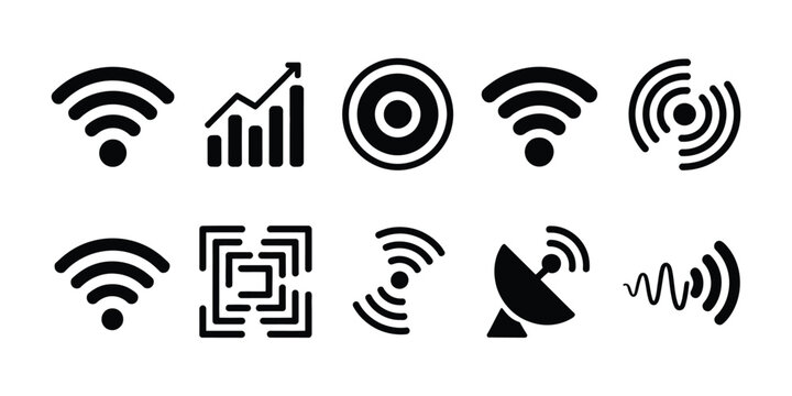 Wireless communication icon set featuring wifi cellular signal radio waves antenna satellite dish and connectivity symbols