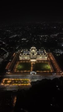 Aerial night & vertical shot of Secretariat of Telangana in Hyderabad, India