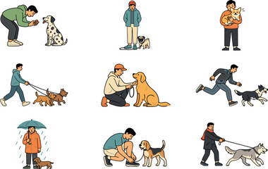 Flat vector illustration set of people walking dogs playing training and caring for various breeds like retriever dalmation husky beagle puppy collection © MdRanga