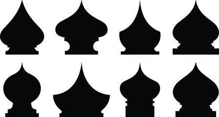 A collection of traditional Russian Orthodox church domes and ornate cupolas in striking black silhouettes © MSTROKSHANA