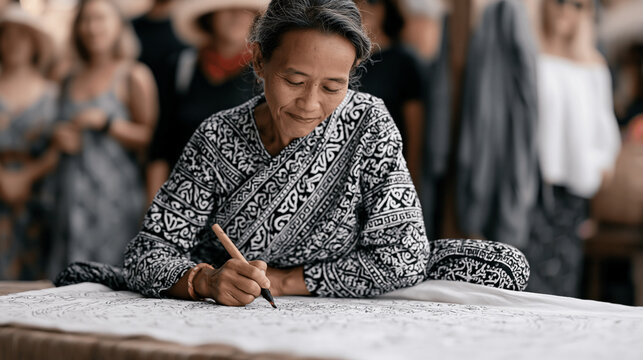Indonesian batik artisan drawing molten wax in intricate freehand patterns onto stretched cotton using a traditional tjanting tool, sitting cross-legged on a low platform in a
