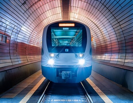 frontal view of a modern metro wagon train into a neon lit arched tunnel of the underground subway