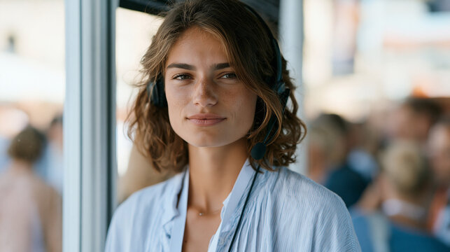 Translation interpreter in a glass-walled conference booth wearing headphones during a multilingual business forum, language services career, international communication,