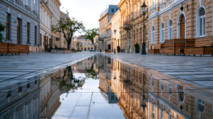 Obraz premium Reflective Polished Surface in an Old Town Street with Soft Light and Beautiful Architecture