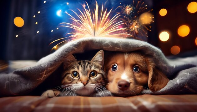 scared dog and cat hiding under a cozy blanket from loud fireworks noise