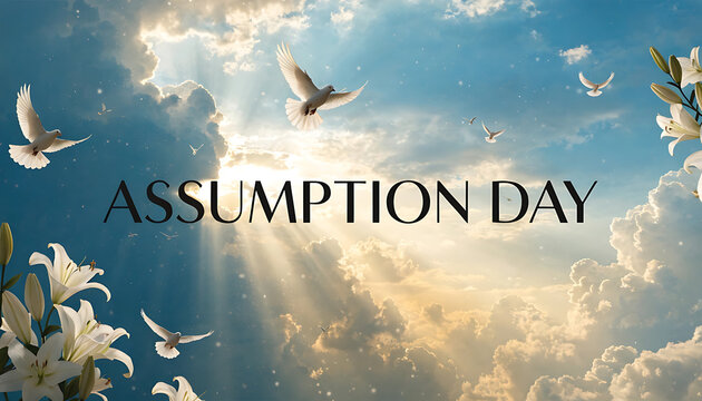 Assumption Day text with white lilies, doves, and a dramatic cloudy sky with sunbeams birds clouds