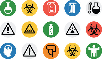 Fototapeta premium Vector illustration of diverse lab equipment and safety hazard warning icons