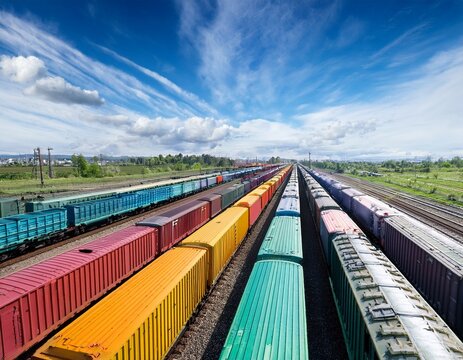 colorful freight trains on railway under blue sky