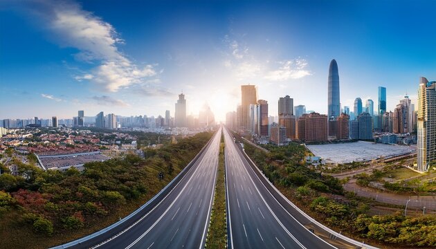a clear view down a smooth highway leading towards a modern city skyline under bright blue skies capturing the essence of urban progress and connectivity
