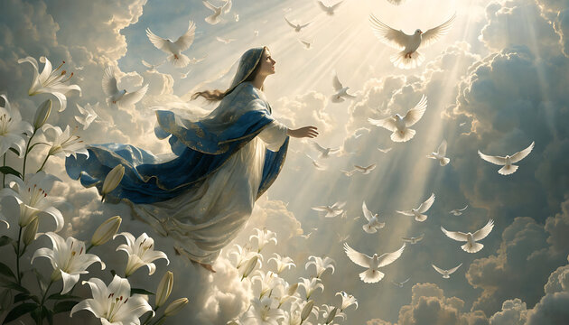 Virgin Mary ascending to heaven surrounded by doves and lilies in a divine light Mother of God ascension