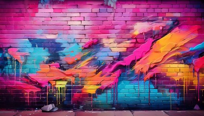 Fototapeta premium colorful graffiti with pink tones on a weathered brick wall urban street art vibrant abstract spray paint artistic