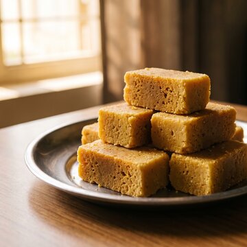 Mysore Pak Golden Squares Stacked on Steel Plate